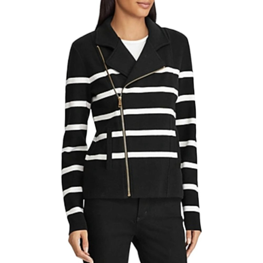 Ralph Lauren Moto Jacket Asymmetrical Zip Navy Sz L Preppy NWOT Knit Blazer - Picture 13 of 15